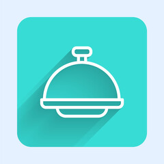 White line Covered with a tray of food icon isolated with long shadow. Tray and lid sign. Restaurant cloche with lid. Green square button. Vector.