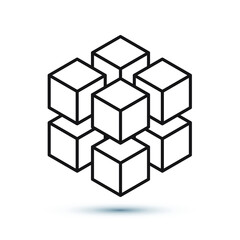 Geometric cube of 8 smaller isometric cubes. Abstract design element. Science or construction concept. Black outline 3D vector object. Eps10 vector illustration.