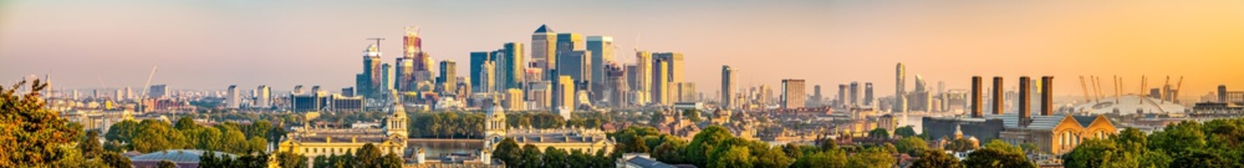 Morning panorama of Canary Wharf in London,England