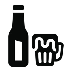 
Wine bottle with beer mug, solid icon style 
