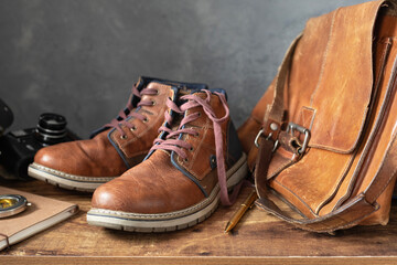 old travel vintage boots shoes and leather bag