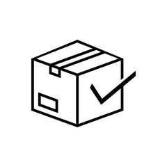 Logotipo aceptar envío. Icono caja de cartón con tilde de casilla de verificación con lineas en color negro