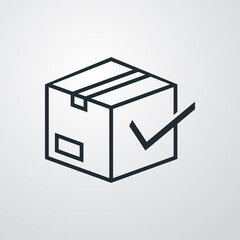 Logotipo aceptar envío. Icono caja de cartón con tilde de casilla de verificación con lineas en fondo gris