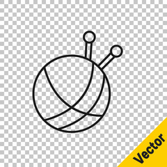 Black line Yarn ball with knitting needles icon isolated on transparent background. Label for hand made, knitting or tailor shop. Vector.