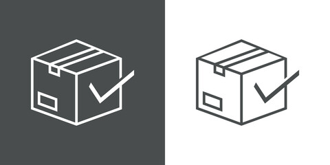 Logotipo aceptar envío. Icono caja de cartón con tilde de casilla de verificación con lineas en fondo gris y fondo blanco