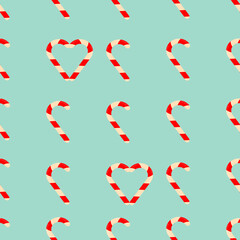 Candy pattern of striped caramels on a turquoise background. For a festive wrapper or background. Seamless vector design with lollipops.