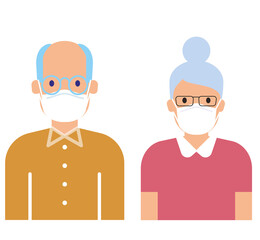 Old man and woman wearing an anti virus protection mask to prevent others from corona COVID-19 and SARS cov 2 infection. 