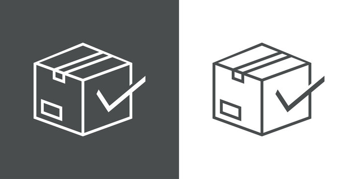 Logotipo aceptar env&iacute;o. Icono caja de cart&oacute;n con tilde de casilla de verificaci&oacute;n con lineas en fondo gris y fondo blanco