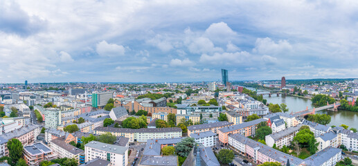 Aerial panorama of Frankfurt city centre at cloudy summer day. Germany 