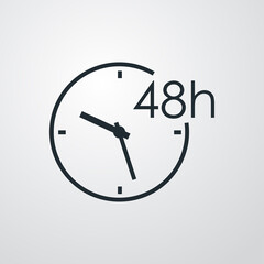 Icono de tiempo. Servicio de entrega. Tiempo de trabajo. Logotipo con reloj simple y 48 h con lineas en fondo gris
