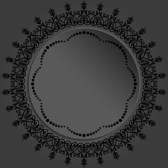 Round dark frame with floral elements and arabesques. Pattern with arabesques. Fine greeting card