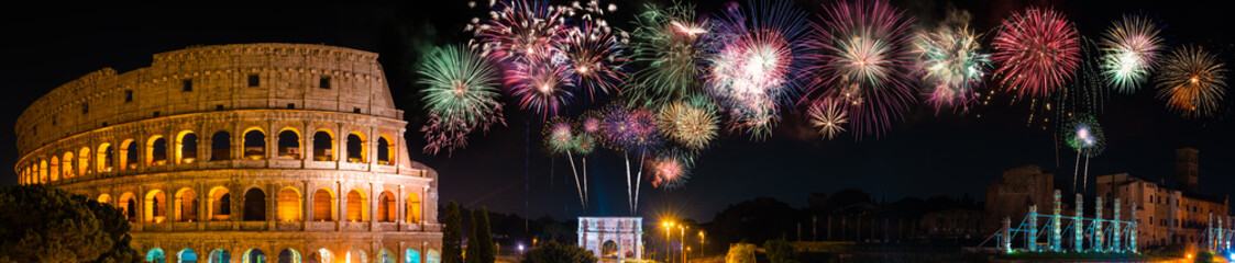 Fototapeta premium Fireworks display near Colosseum in Rome, Italy
