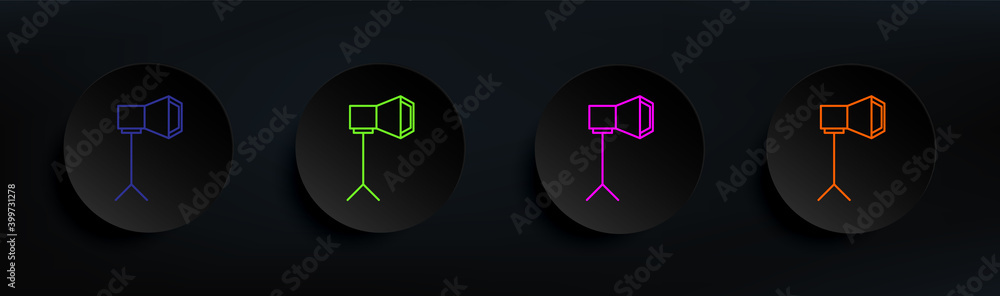 Poster light for photography dark badge color set. simple thin line, outline vector of spotlight icons for 