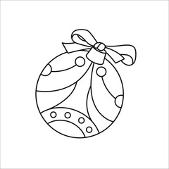 Black and white drawing of a Christmas ball. Drawn by hand. Clip art. Suitable for postcards, invitation cards. Vector illustration for art therapy, coloring book.