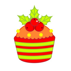 Christmas cupcake decorated with holli ilex leaves and berries. New Year food clip art