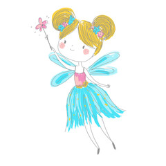 Fototapeta na wymiar Cute fairy. Cartoon fantasy fairy princess flapping magic wand. Pixie, elf girl in hand drawn style