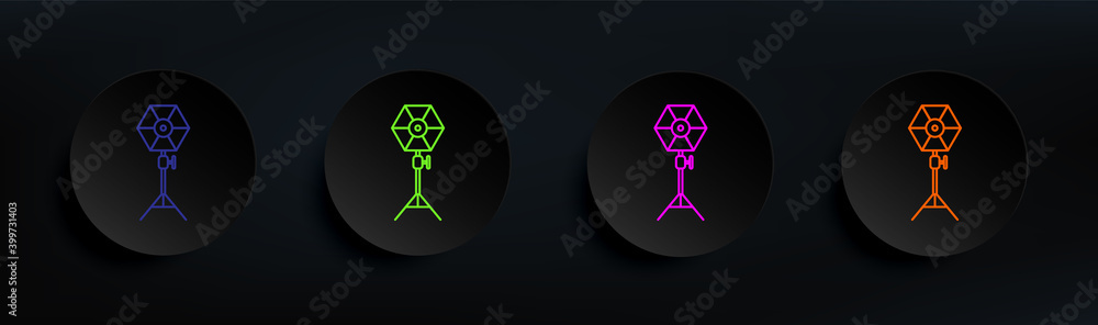 Poster light for photography dark badge color set. simple thin line, outline vector of spotlight icons for 