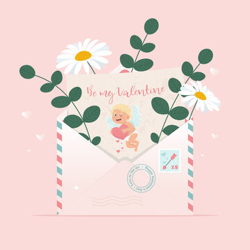 Envelope with love letter with cupid image. Love in the air concept. Cute vector illustration, template for Valentines greeting card