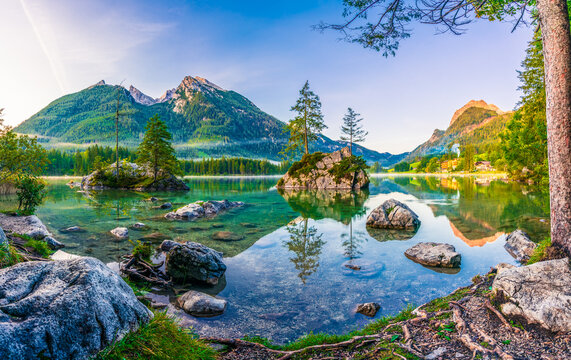 Hintersee lake panorama at sunrise. Colorful morning view of Bavarian Alps on the Austrian border, Germany, Europe. Beauty of nature concept background