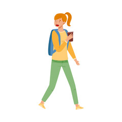 Young Girl Teenager in Casual Wear and with Backpack Walking and Drinking Coffee Vector Illustration