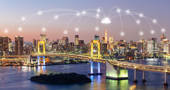 Tokyo, Japan. Modern city wireless communication network concept image. - Powered by Adobe