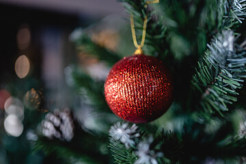 Red Christmas toy balls on fir branches