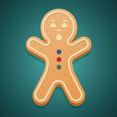 Gingerbread Man. Colored vector illustration. Isolated green background. The boy raised his hands up. Festive figured dessert. Ginger cookies. Happy new year and merry christmas. Idea for web design. 