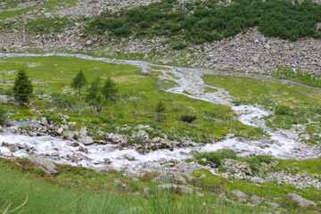 Fiume di montagna visto dall'alto e bellissimo panorama nel parco Adamello-Brenta dal sentiero che...