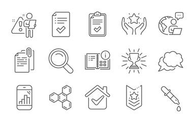 Shoulder strap, Checklist and Approved checklist line icons set. Graph phone, Chat message and Search signs. Chemistry pipette, Trophy and Instruction info symbols. Line icons set. Vector