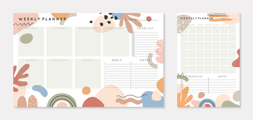 Vector weekly and monthly planners templates with abstract shapes and doodles in neutral earthy tones.Organizer and schedule with place for notes; goals and to do list.Abstract modern design.