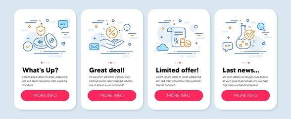Set of line icons, such as Savings insurance, Medical prescription, Loan percent symbols. Mobile screen mockup banners. Chemistry lab line icons. Money exchange, Medicine drugs, Discount hand. Vector