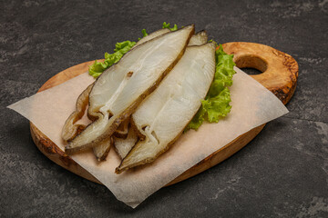Delicous smoked halibut slices snack