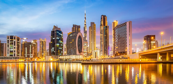 Dubai night city panorama, United Arab Emirates