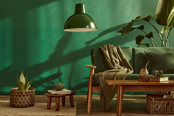 Minimalist living room interior in stylish house with design velvet sofa, carpet on floor, brown...