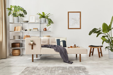 Cozy interior with stylish sofa, design coffee table, bookcase, plants, carpet, decoration, mock up...