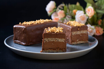 Sliced mousse desserts with hazelnut praline, milk chocolate and covered gourmet chocolate-nut glaze on a plate on black background. Close-up. Horizontal format