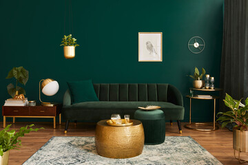 Luxury living room in house with modern interior design, green velvet sofa, coffee table, pouf,...
