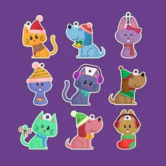 Deurstickers Robot Christmas cat dog pet ornaments stickers hand drawn flat collection 