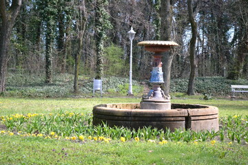 Fountain in the natural park of Palic Lake. Lake Palić is a lake 8 kilometres from Subotica, near the town of Palić, in Serbia. It covers an area of 3.8 square kilometres. The average depth of the lak