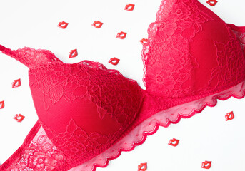 Bright underwear with lace and red kisses. A romantic view.