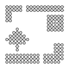 Rangoli or muggu or kolam is an art form originating in the Indian subcontinent. Patterns are created on the floor or the ground using materials such as limestone powder, rice powder or flower petals.