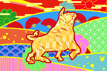 Gorgeous golden ox isolated on colorful old Japanese decoration style background for special event celebration