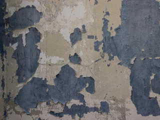 Photo sur Plexiglas Vieux mur texturé sale Un vieux mur de béton avec une peinture décolorée. Surface peinte, rugueuse, patinée, à motifs, fissures et écaillage.