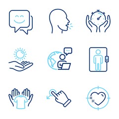 People icons set. Included icon as Drag drop, Sun protection, Elevator signs. Timer, Heart target, Smile face symbols. Hold t-shirt, Cough line icons. Move, Ultraviolet care. Line icons set. Vector