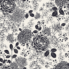 Nahtloses Muster. Blumen, Beeren und Blätter. Schwarz und weiß. Vektor. Jahrgang © marinavorona