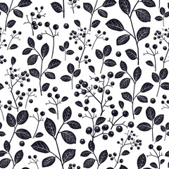 Black and white Vintage Seamless pattern. Branches, berries and leaves. Vector.