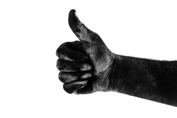 male dirty black hand showing class isolated on white background, black and white photography