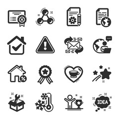 Set of Business icons, such as Freezing, Reject certificate, Documentation symbols. Loan house, Idea, Winner ribbon signs. Love coffee, Spanner, Winner cup. E-mail, Chemistry molecule. Vector