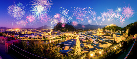 Fototapeta premium Fireworks display in Salzburg. Salzburger Land, Austria