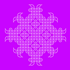 Rangoli or muggu or kolam is an art form originating in the Indian subcontinent. Patterns are created on the floor or the ground using materials such as limestone powder, rice powder or flower petals.